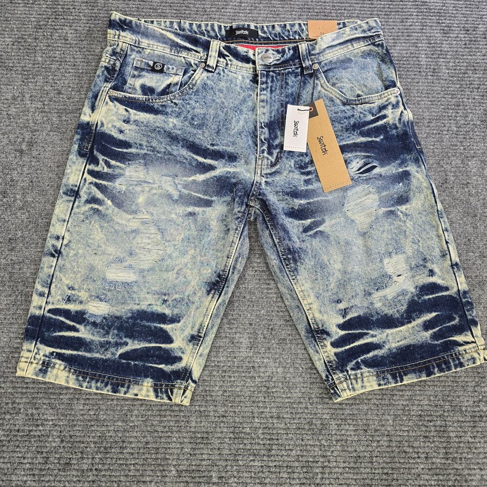 Switch Mens Denim Shorts 36 Blue Acid Wash Distressed Ripped Baggy Jorts NWT